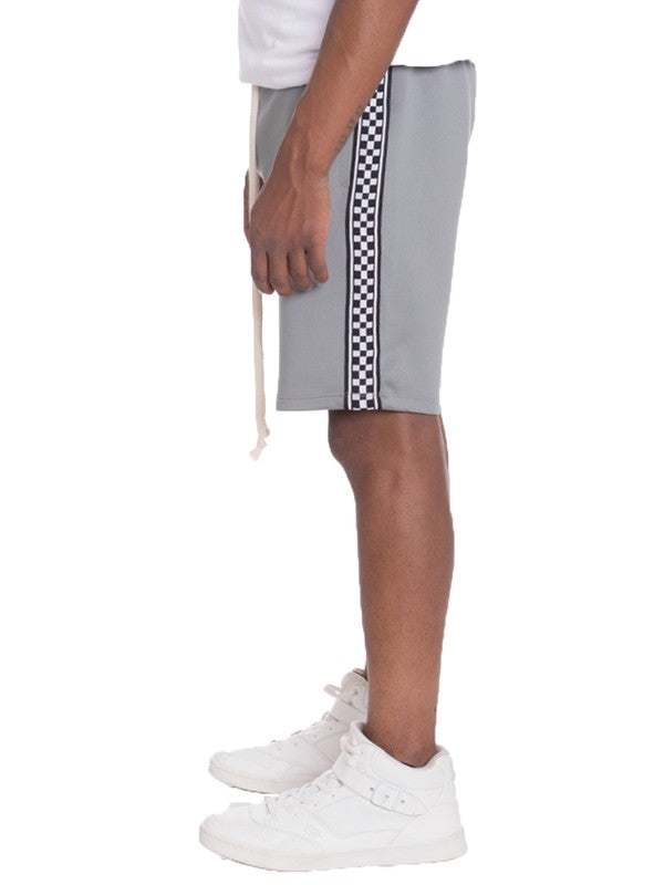 Weiv Mens Checkered Stripe Track Shorts with elastic waist and drawstring.